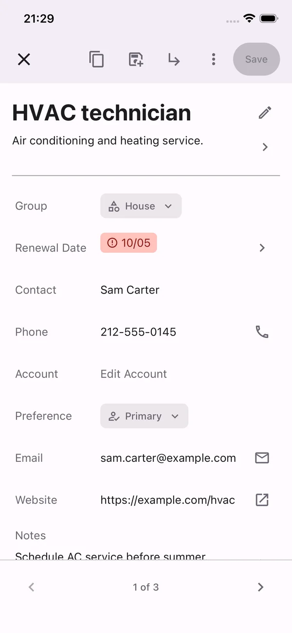 The HVAC technician row from the household contacts sample in MobileSheet's mobile item editor