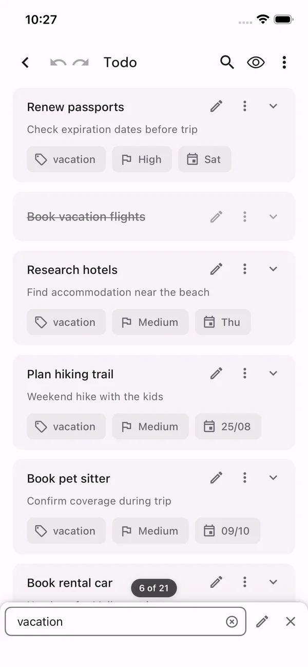 A todo list filtered for Vacation, with the fast-add composer docked and a completed task visible