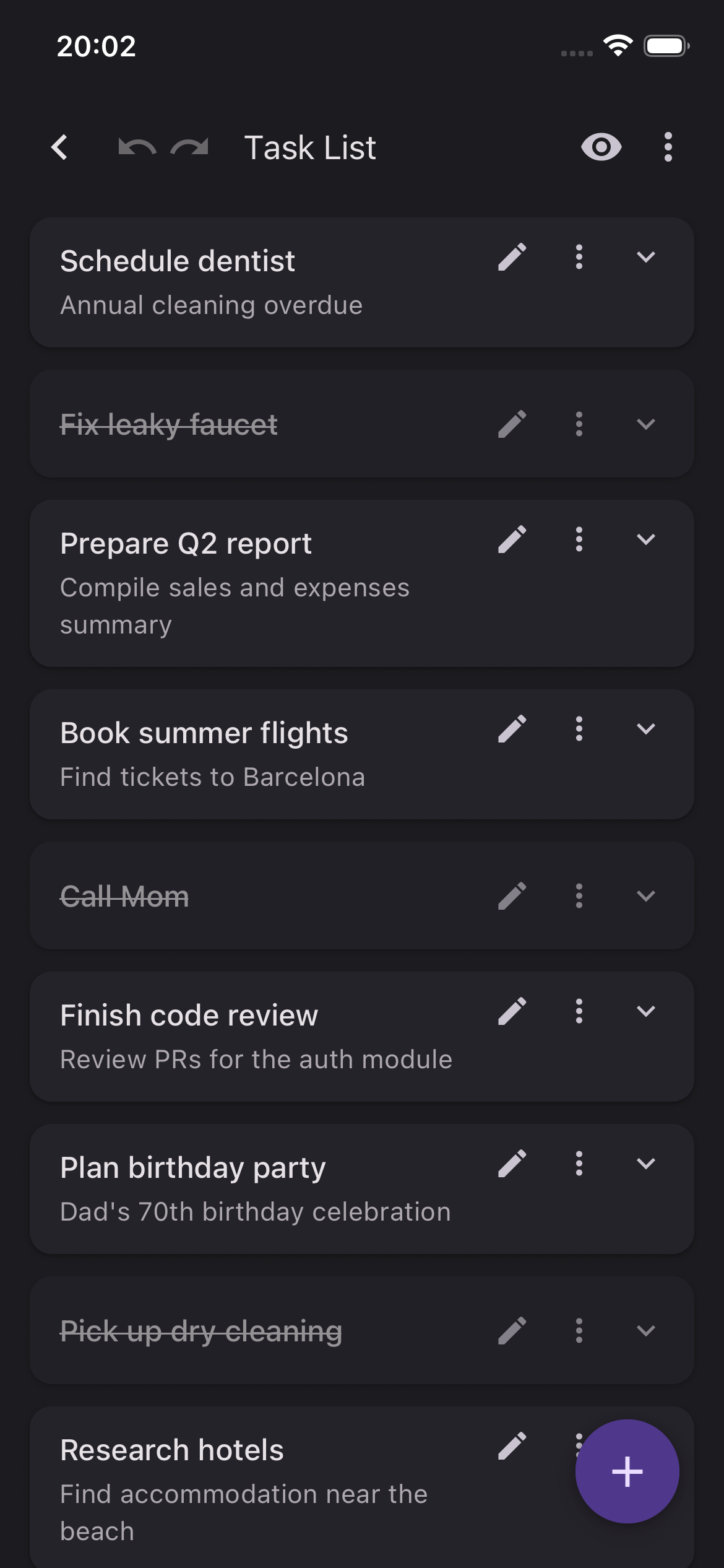 The app in dark mode