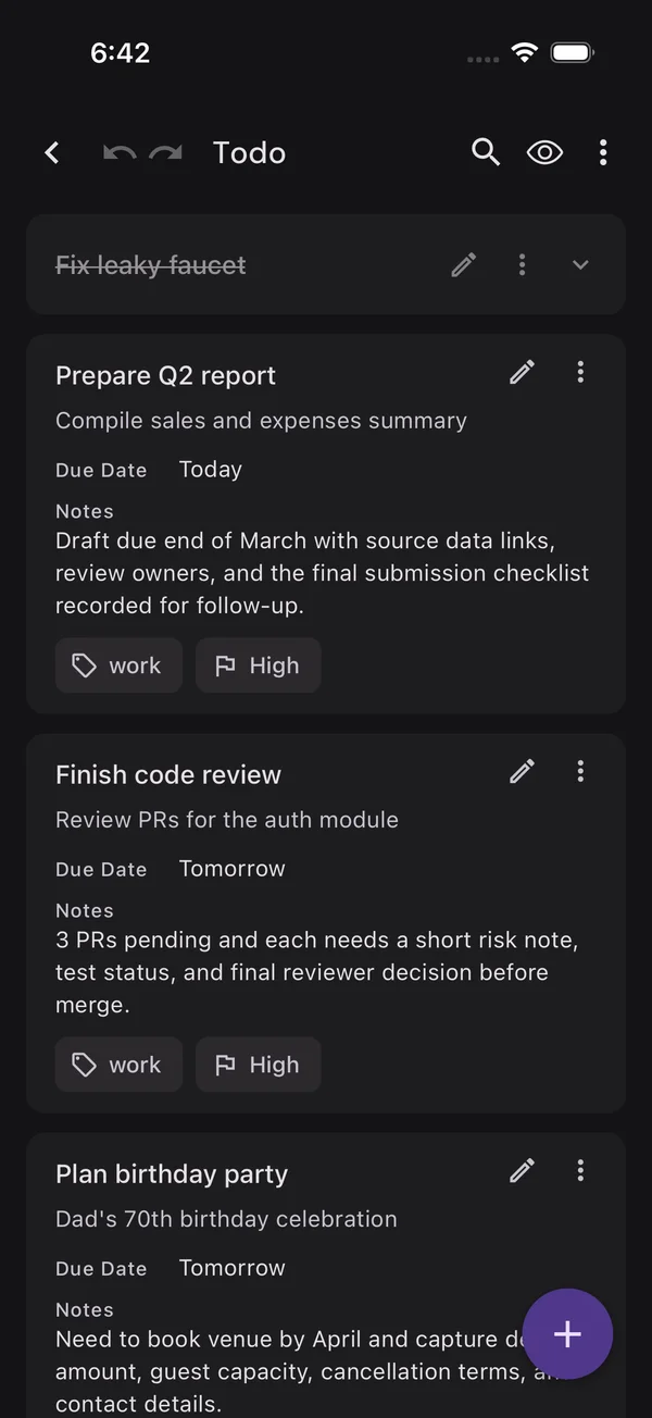 The app in dark mode