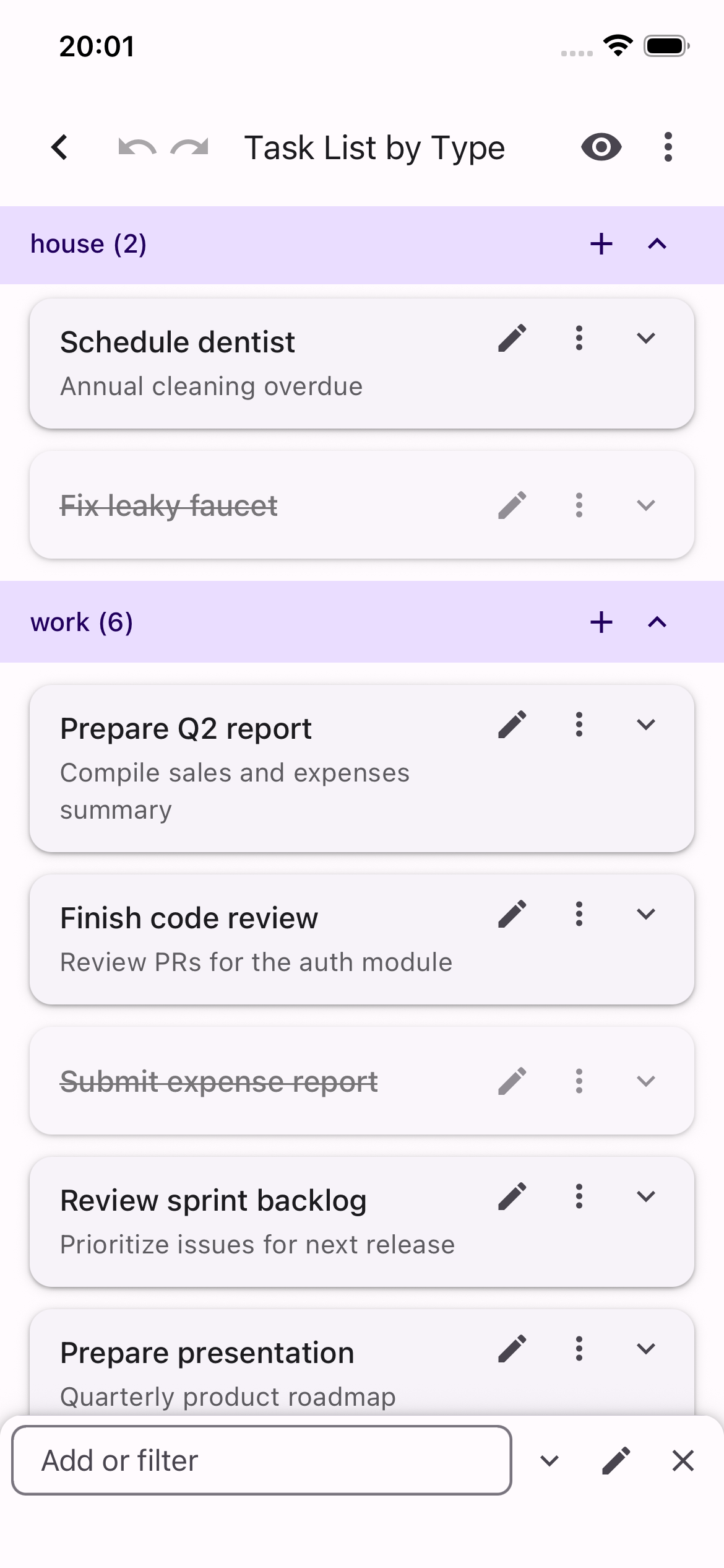 A list grouped into collapsible sections