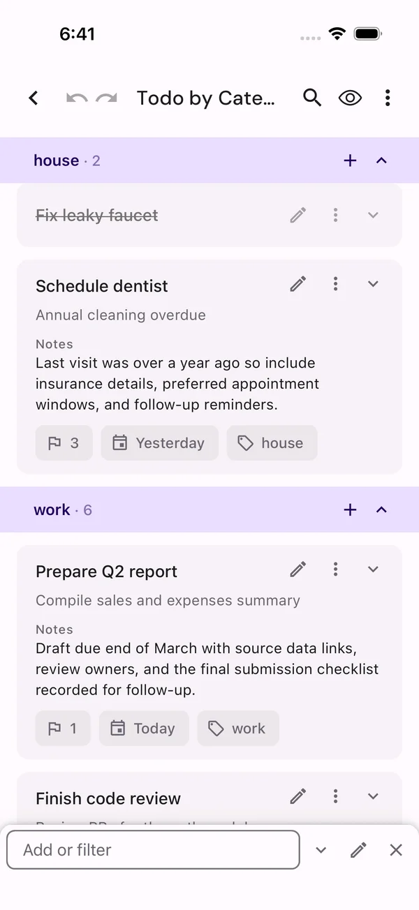 A list grouped into collapsible sections