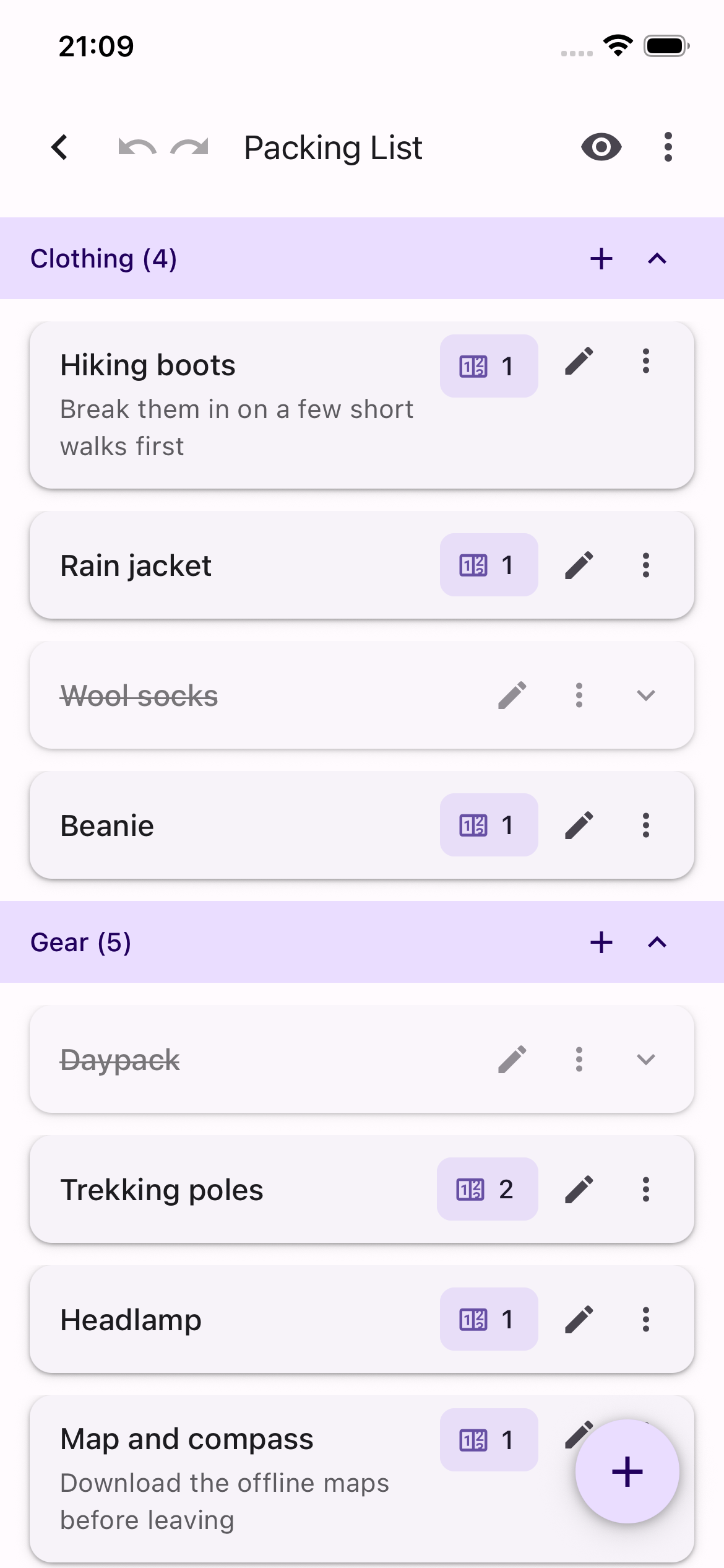 A packing list organized by category