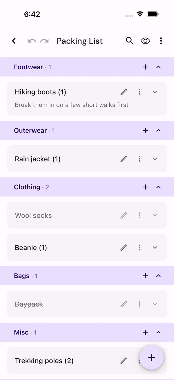 A packing list organized by category