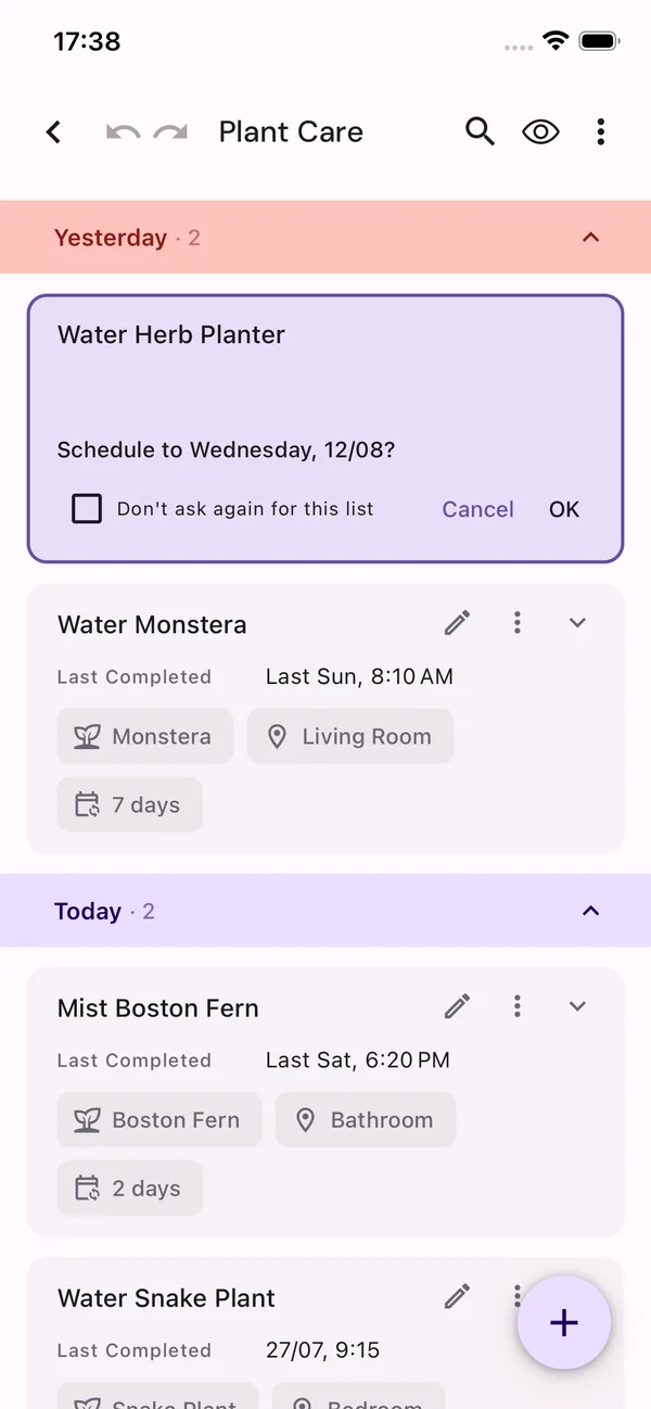A plant-care card asking to confirm logging the task and scheduling the next one