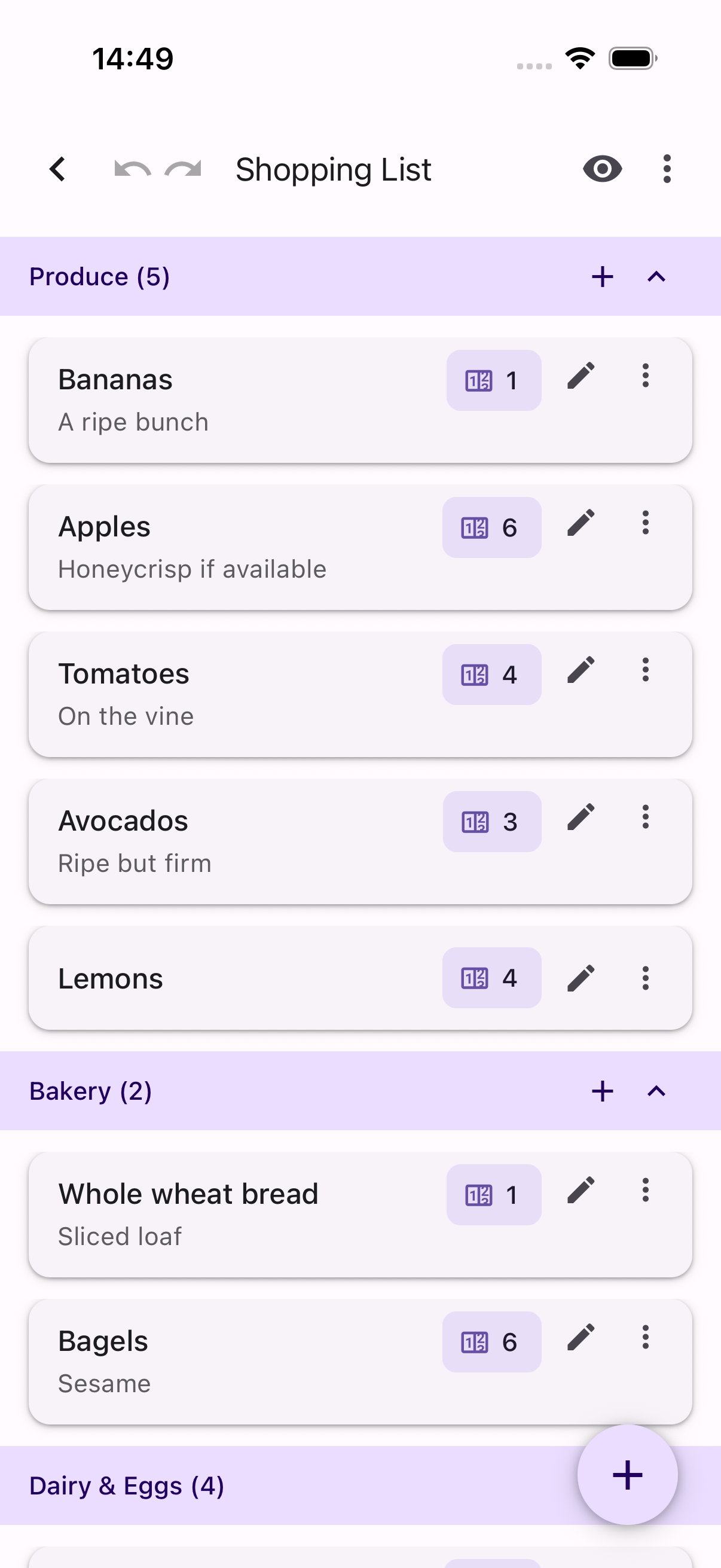 A shopping list grouped by aisle, with quantities