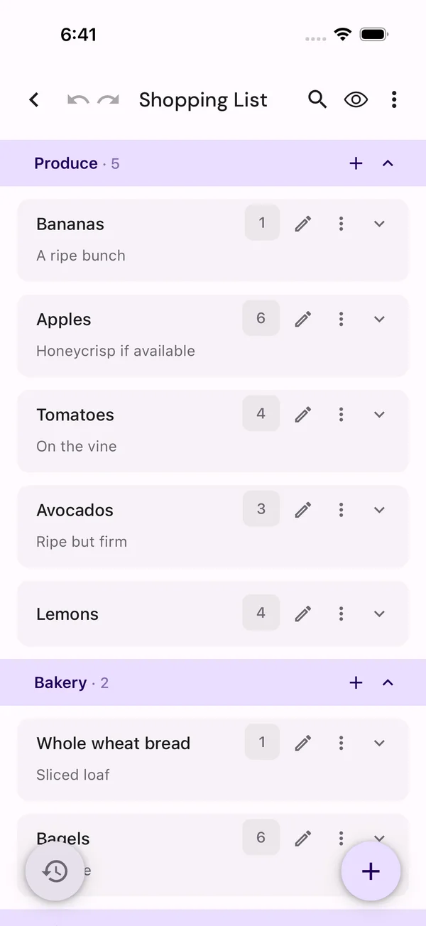 A shopping list grouped by aisle, with quantities