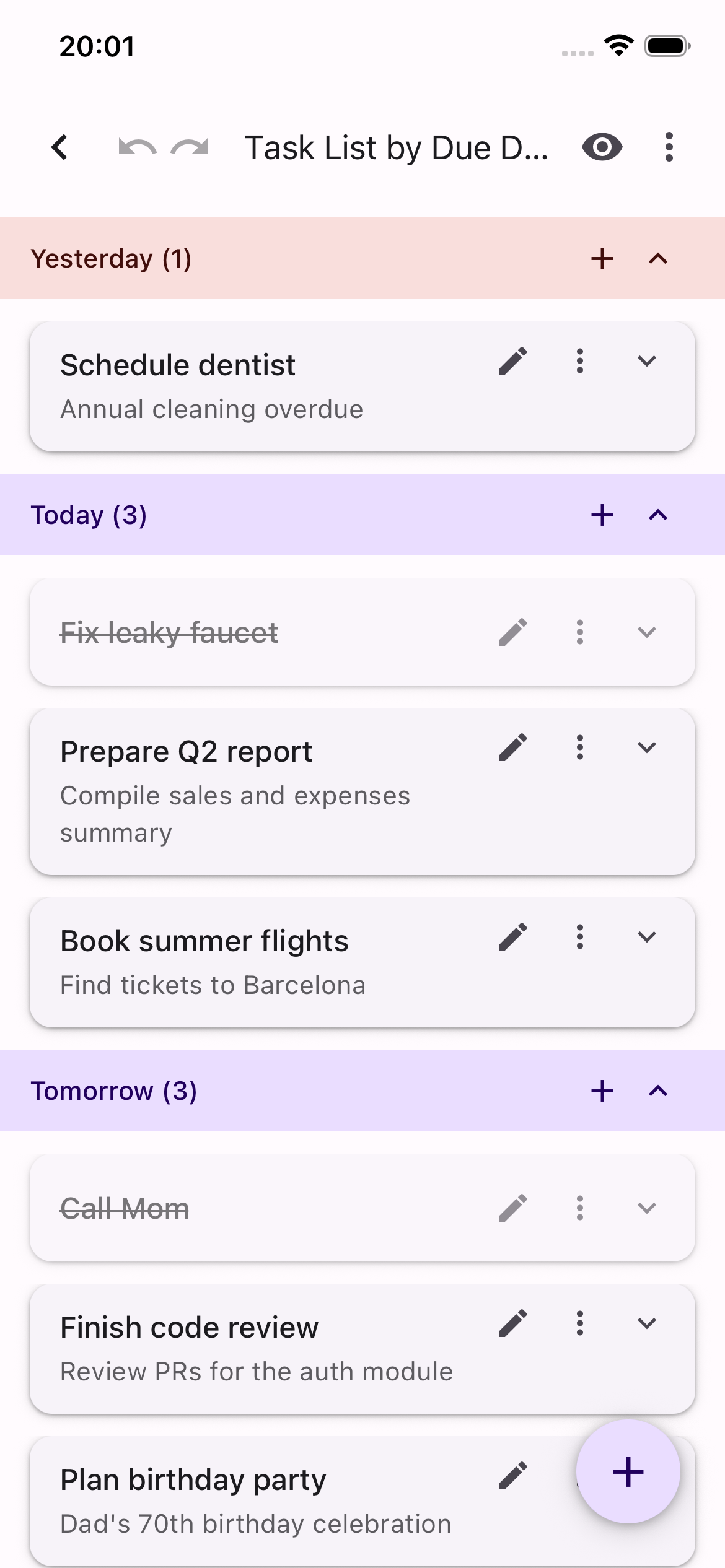 A task list grouped by due date, with overdue items highlighted