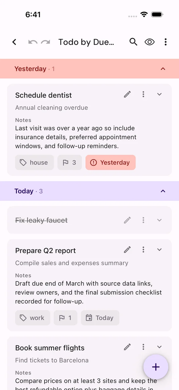 A todo list grouped by due date, with overdue items highlighted