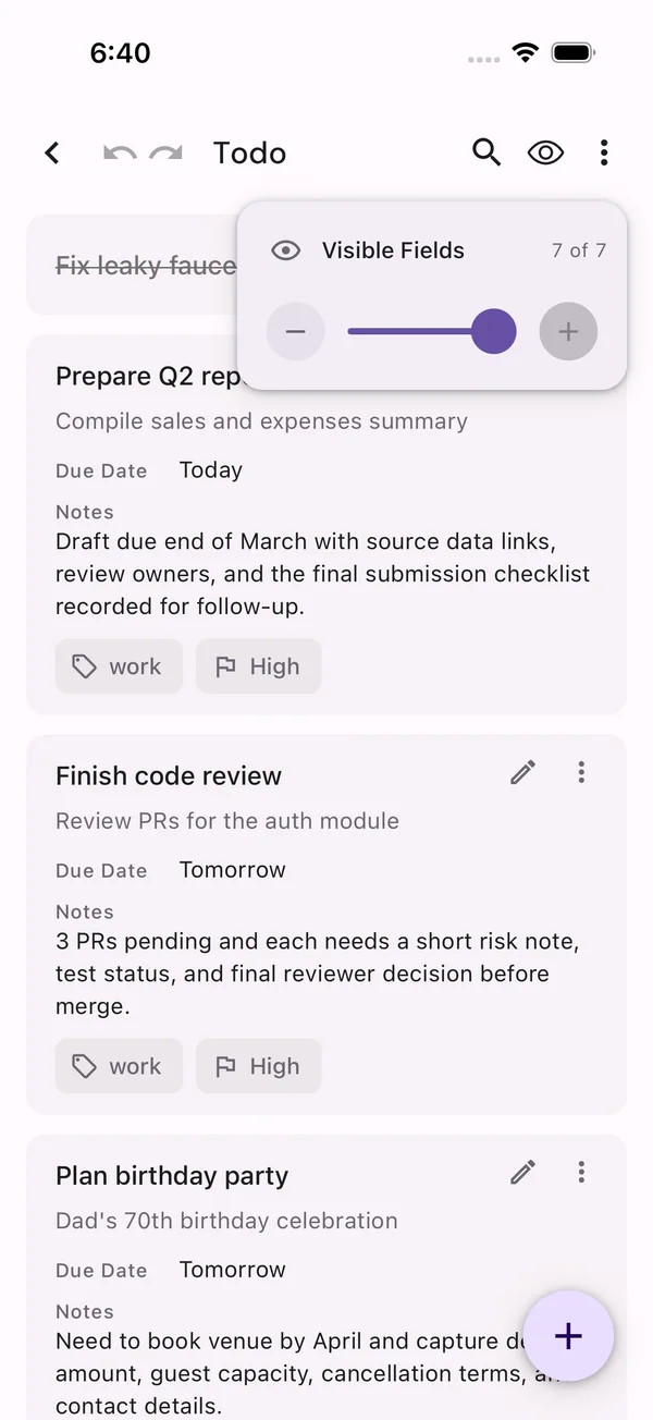 Control for choosing how many fields each card shows
